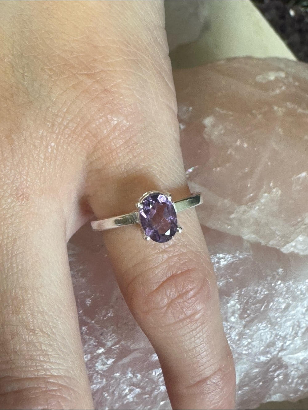 Amethyst Sterling Silver Faceted Oval Ring - Size 5 - 5.25